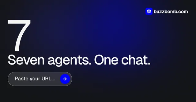 Social ad for BuzzBomb: "Paste your URL." Agentic glass style, stat layout, dark palette in black, blue, grey.