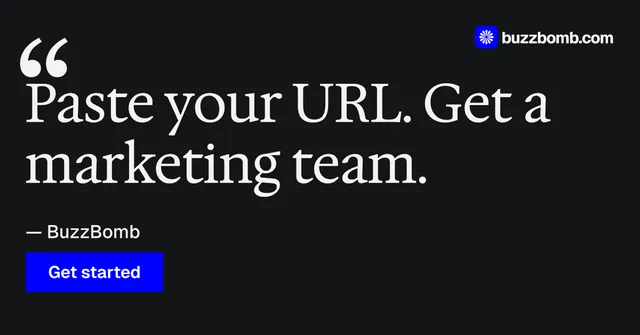 Social ad for BuzzBomb: "Seven agents. One chat." Swiss style, quote layout, dark palette in black, grey.