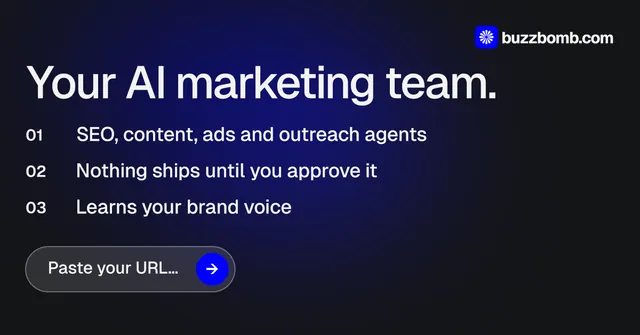 Social ad for BuzzBomb: "Your AI marketing team." Agentic glass style, numbered layout, dark palette in black, blue, grey.