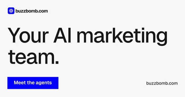 Social ad for BuzzBomb: "Your AI marketing team." Swiss style, poster layout, light palette in white, blue, grey.
