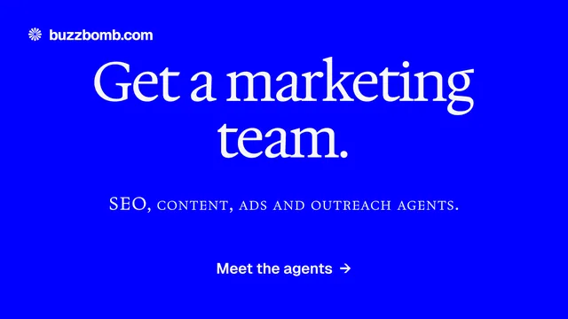 Landscape graphic for BuzzBomb: "Get a marketing team." Swiss style, smallcaps layout, dark palette in blue.