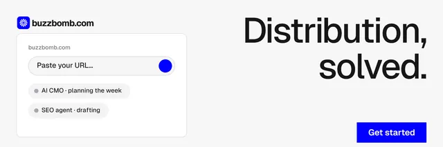 X header for BuzzBomb: "Distribution, solved." Swiss style, right layout, light palette in white, blue.