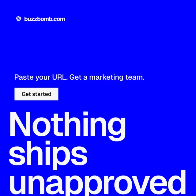 Instagram post for BuzzBomb: "Seven agents. One chat." Split block style, oversized layout, dark palette in blue, white.