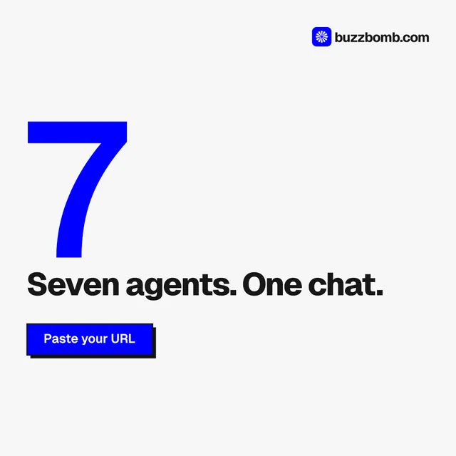 Instagram post for BuzzBomb: "One launch. A week of posts." Brutalist style, stat layout, light palette in white.