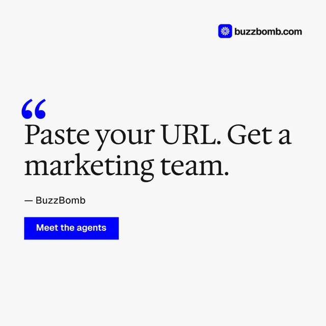 Instagram post for BuzzBomb: "Seven agents. One chat." Swiss style, quote layout, light palette in white, blue.