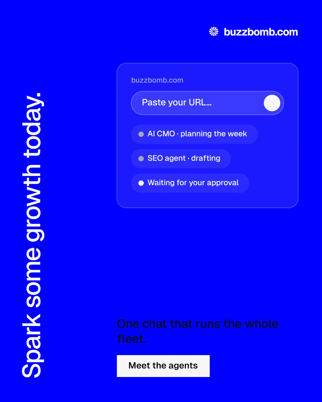 Instagram portrait post for BuzzBomb: "Spark some growth today." Split block style, vertical layout, dark palette in blue.