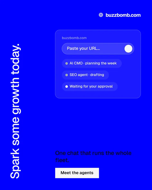 Instagram portrait post for BuzzBomb: "Spark some growth today." Split block style, vertical layout, dark palette in blue.