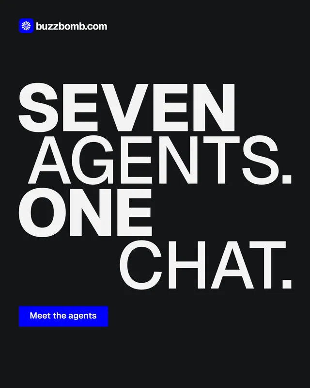 Instagram portrait post for BuzzBomb: "Seven agents. One chat." Brutalist style, stacked layout, dark palette in black, grey.