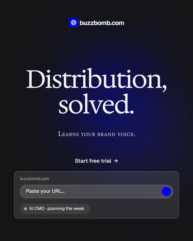 Instagram portrait post for BuzzBomb: "Distribution, solved." Agentic glass style, smallcaps layout, dark palette in black, blue, grey.