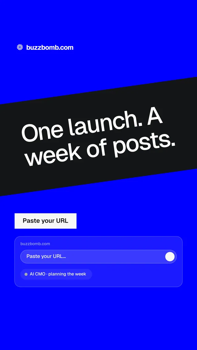 Instagram story for BuzzBomb: "One launch. A week of posts." Split block style, diagonal layout, dark palette in blue.