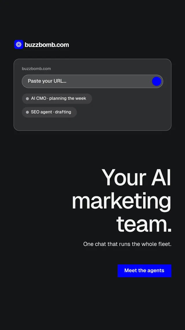 Instagram story for BuzzBomb: "Your AI marketing team." Swiss style, right layout, dark palette in black.