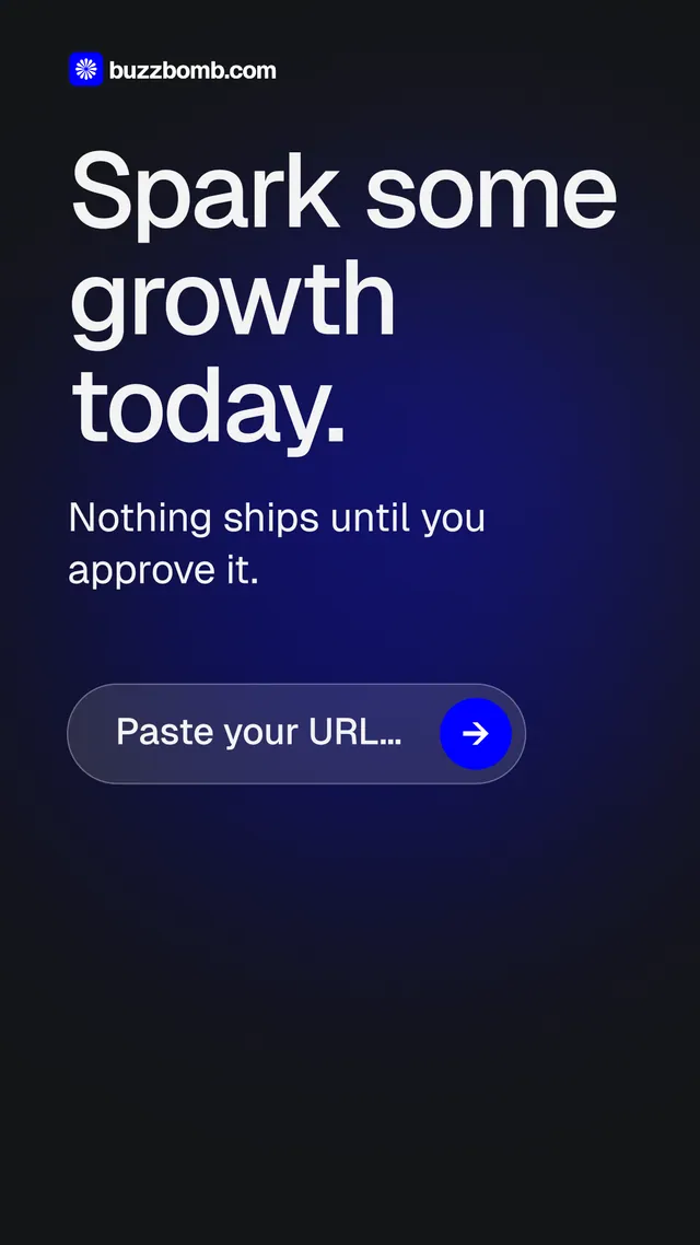 Instagram story for BuzzBomb: "Spark some growth today." Agentic glass style, skeleton layout, dark palette in black, blue.