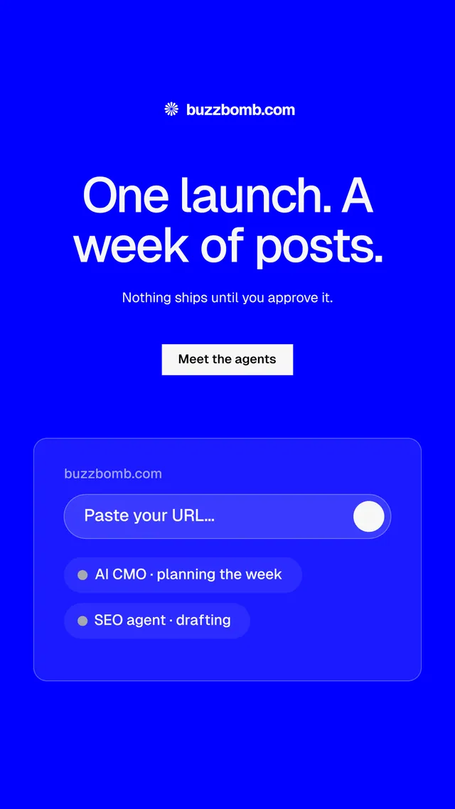 Instagram story for BuzzBomb: "One launch. A week of posts." Split block style, centred layout, dark palette in blue.