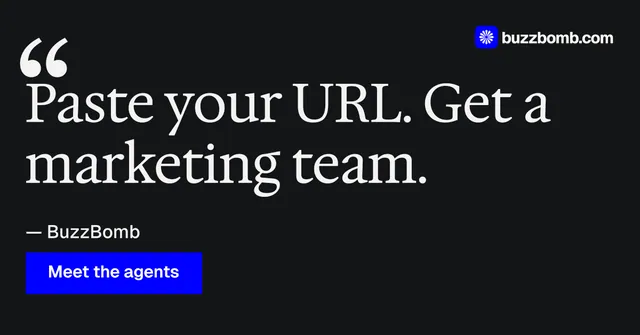 Social ad for BuzzBomb: "Distribution, solved." Swiss style, quote layout, dark palette in black, grey.