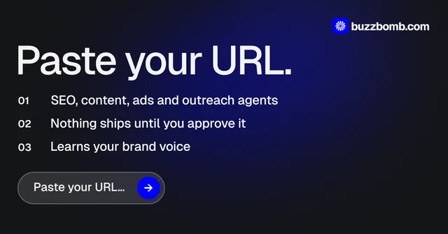 Social ad for BuzzBomb: "Paste your URL." Agentic glass style, numbered layout, dark palette in black, blue, grey.