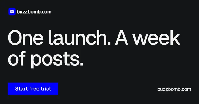 Social ad for BuzzBomb: "One launch. A week of posts." Swiss style, poster layout, dark palette in black, grey.