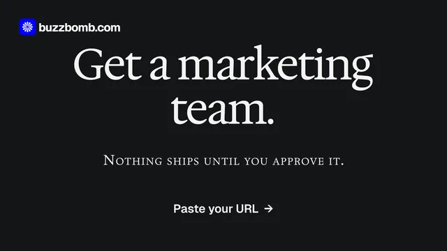 Landscape graphic for BuzzBomb: "Get a marketing team." Swiss style, smallcaps layout, dark palette in black, grey.