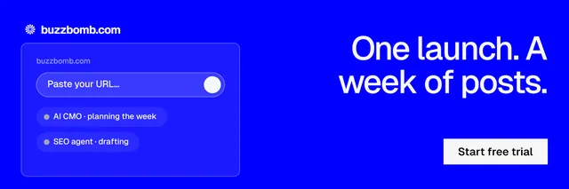 X header for BuzzBomb: "One launch. A week of posts." Swiss style, right layout, dark palette in blue.