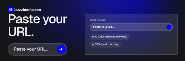 X header for BuzzBomb: "Paste your URL." Agentic glass style, skeleton layout, dark palette in black, blue, grey.