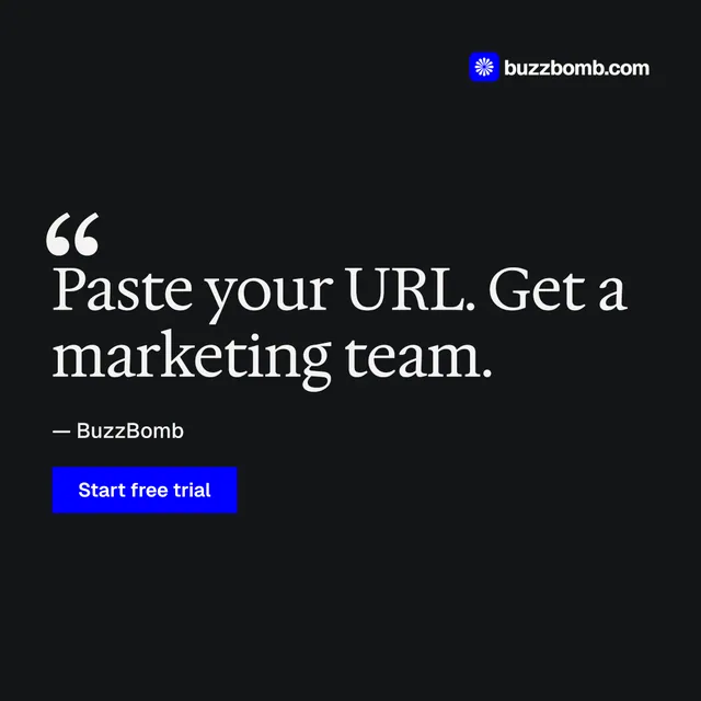 Instagram post for BuzzBomb: "Get a marketing team." Swiss style, quote layout, dark palette in black, grey.
