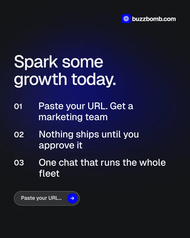 Instagram portrait post for BuzzBomb: "Spark some growth today." Agentic glass style, numbered layout, dark palette in black, blue.