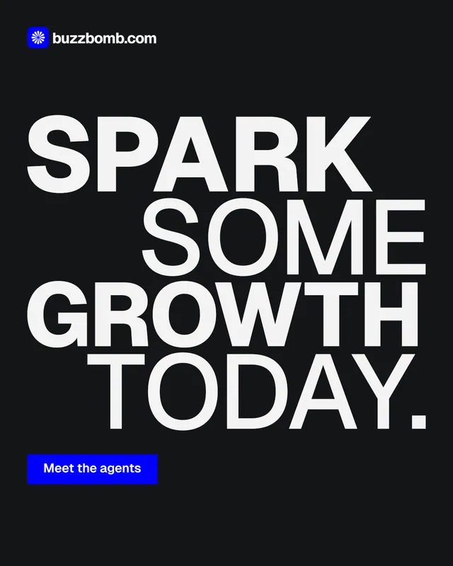 Instagram portrait post for BuzzBomb: "Spark some growth today." Brutalist style, stacked layout, dark palette in black, white, grey.