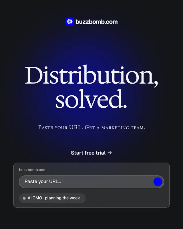Instagram portrait post for BuzzBomb: "Distribution, solved." Agentic glass style, smallcaps layout, dark palette in black, grey, blue.