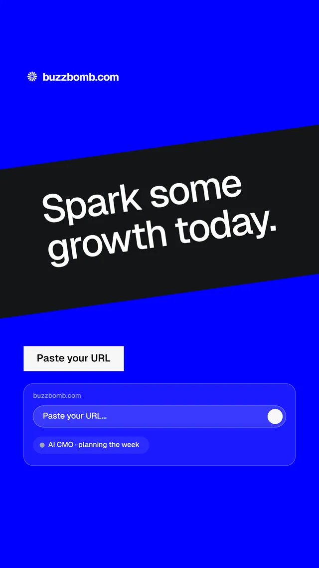 Instagram story for BuzzBomb: "Spark some growth today." Split block style, diagonal layout, dark palette in blue.