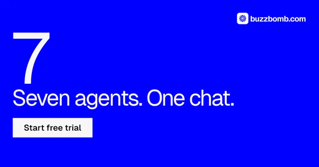 Social ad for BuzzBomb: "One launch. A week of posts." Swiss style, stat layout, dark palette in blue.