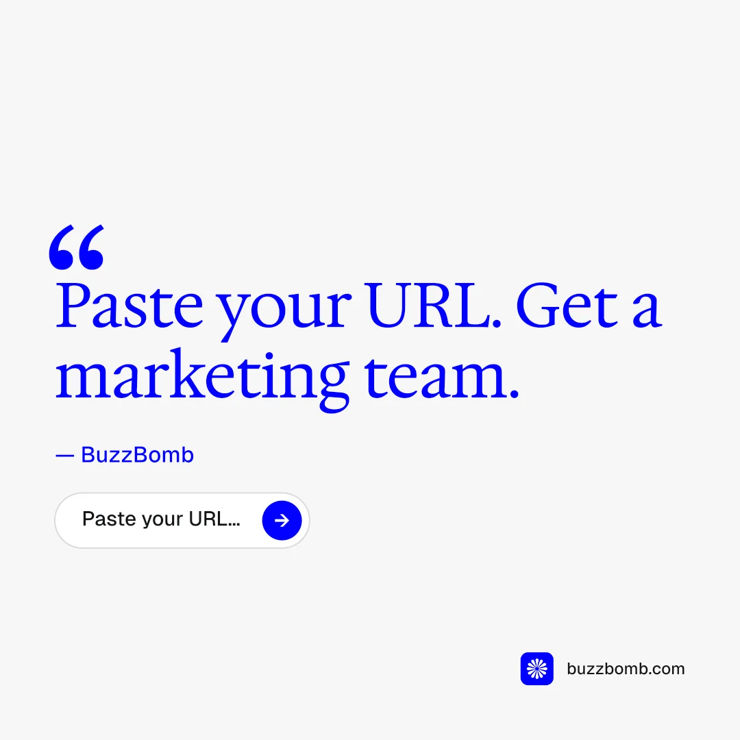 Instagram post for BuzzBomb: "Paste your URL." Agentic glass style, quote layout, light palette in white, blue.