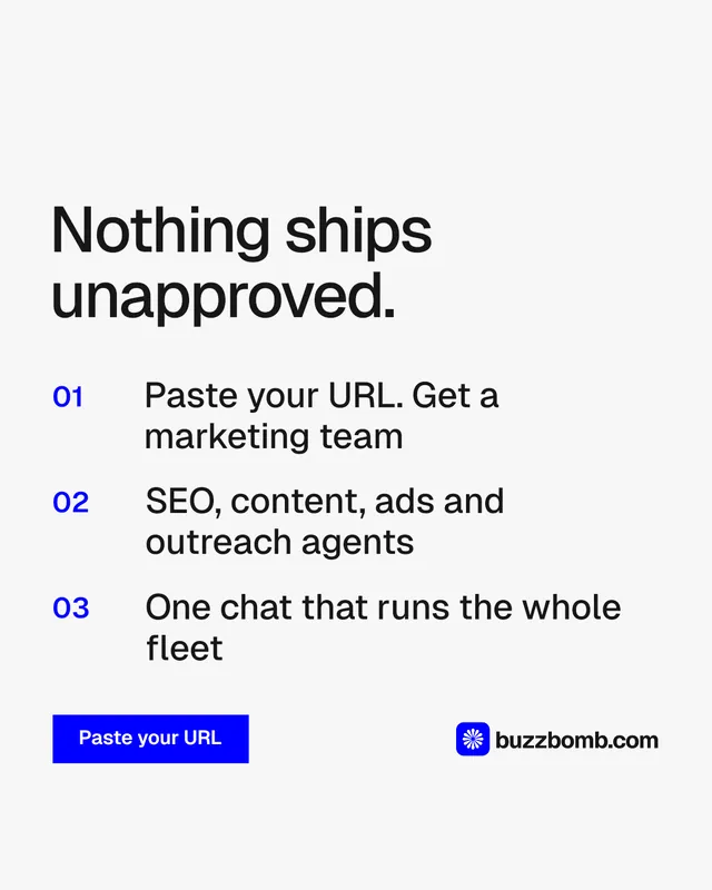 Instagram portrait post for BuzzBomb: "Nothing ships unapproved." Swiss style, numbered layout, light palette in white, blue.