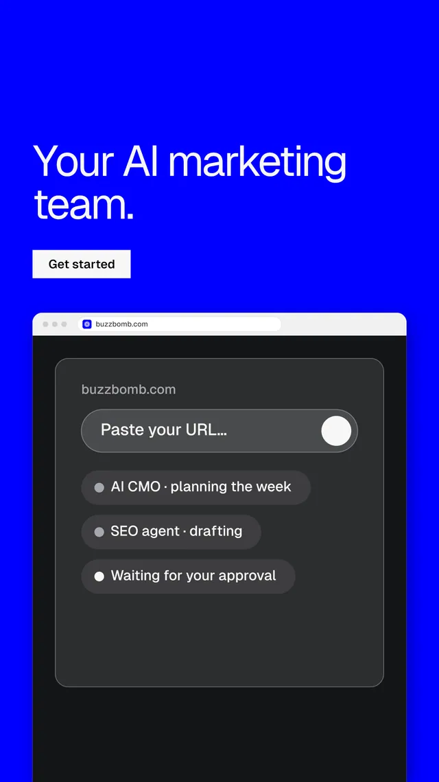 Instagram story for BuzzBomb: "Your AI marketing team." Swiss style, browser layout, dark palette in blue, grey.