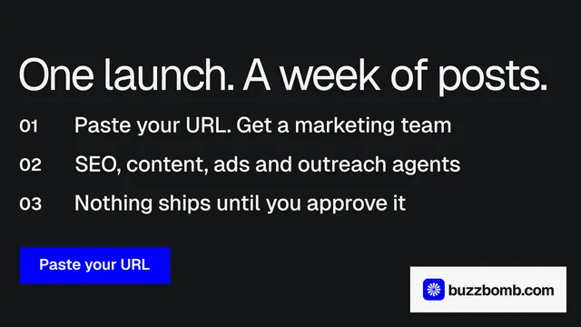 Landscape graphic for BuzzBomb: "One launch. A week of posts." Brutalist style, numbered layout, dark palette in black, grey.