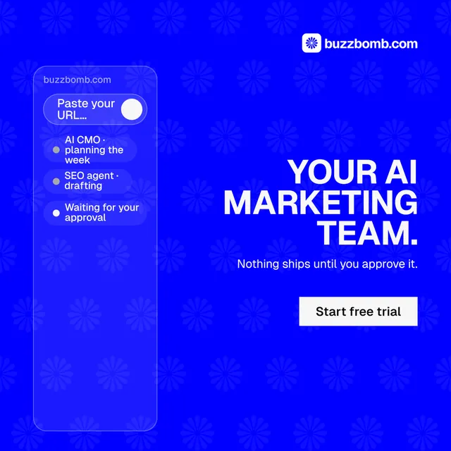 Instagram post for BuzzBomb: "Your AI marketing team." Split block style, right layout, dark palette in blue.