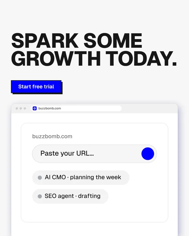Instagram portrait post for BuzzBomb: "Spark some growth today." Brutalist style, browser layout, light palette in white, grey.