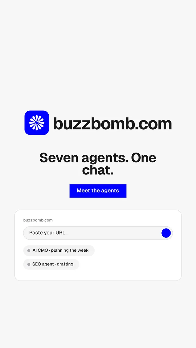 Instagram story for BuzzBomb: "Seven agents. One chat." Swiss style, logo hero layout, light palette in white, blue.