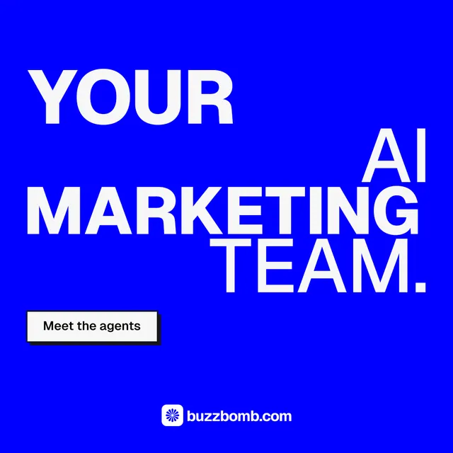 Instagram post for BuzzBomb: "Your AI marketing team." Brutalist style, stacked layout, dark palette in blue, white.