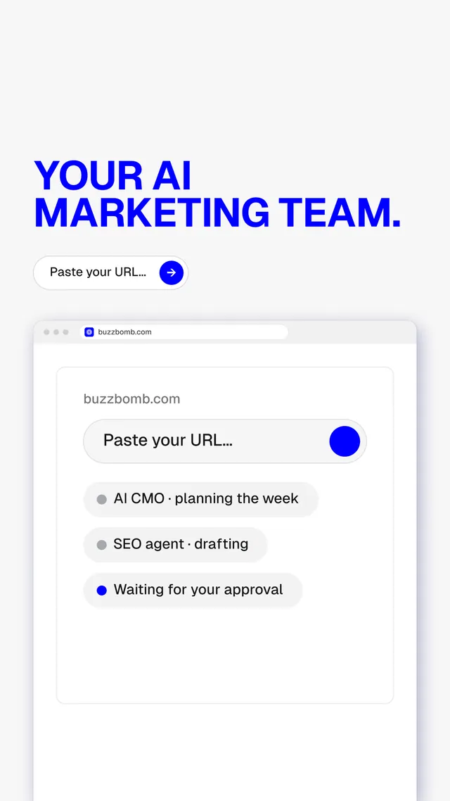 Instagram story for BuzzBomb: "Your AI marketing team." Agentic glass style, browser layout, light palette in white, blue.