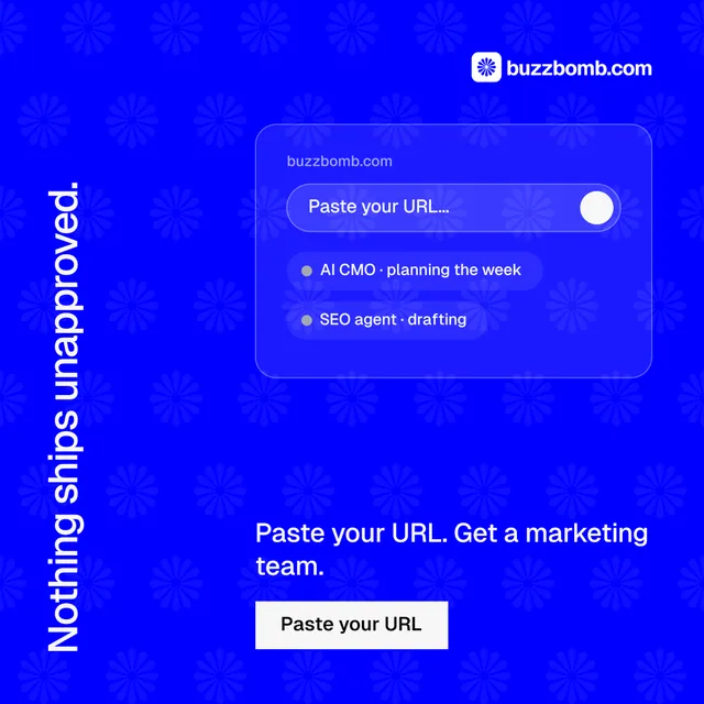 Instagram post for BuzzBomb: "Nothing ships unapproved." Split block style, vertical layout, dark palette in blue.
