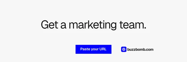 X header for BuzzBomb: "Get a marketing team." Swiss style, centred layout, light palette in white.