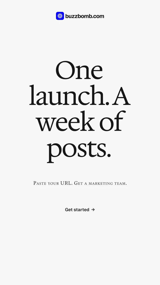 Instagram story for BuzzBomb: "One launch. A week of posts." Swiss style, smallcaps layout, light palette in white, grey.