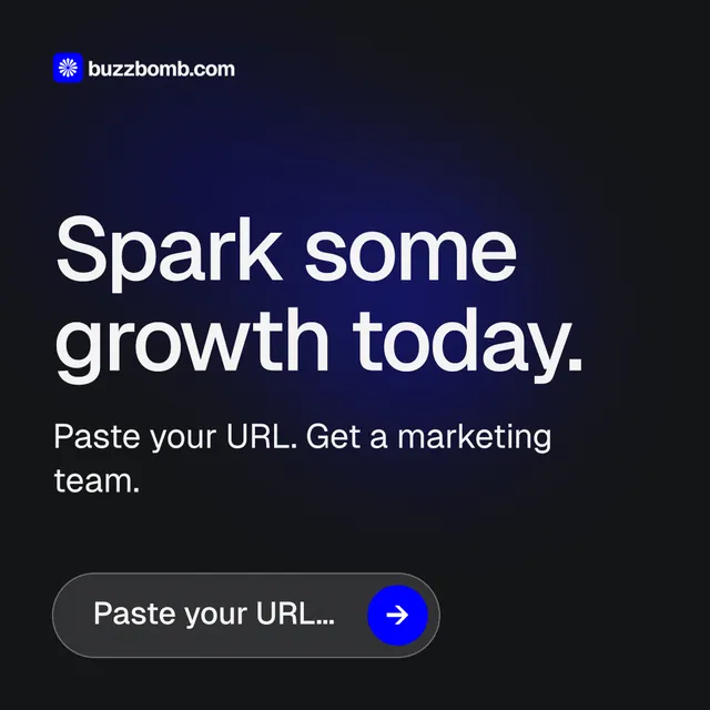 Instagram post for BuzzBomb: "Spark some growth today." Agentic glass style, skeleton layout, dark palette in black, blue, grey.