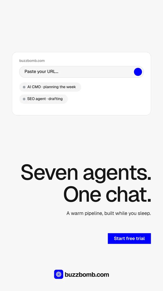 Instagram story for BuzzBomb: "Seven agents. One chat." Swiss style, right layout, light palette in white, grey.