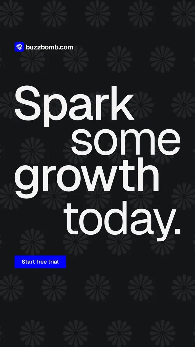 Instagram story for BuzzBomb: "Spark some growth today." Split block style, stacked layout, dark palette in black, grey.