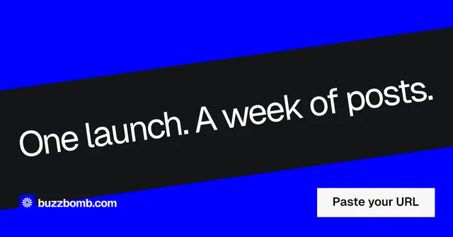 Social ad for BuzzBomb: "One launch. A week of posts." Split block style, diagonal layout, dark palette in blue, black, grey.