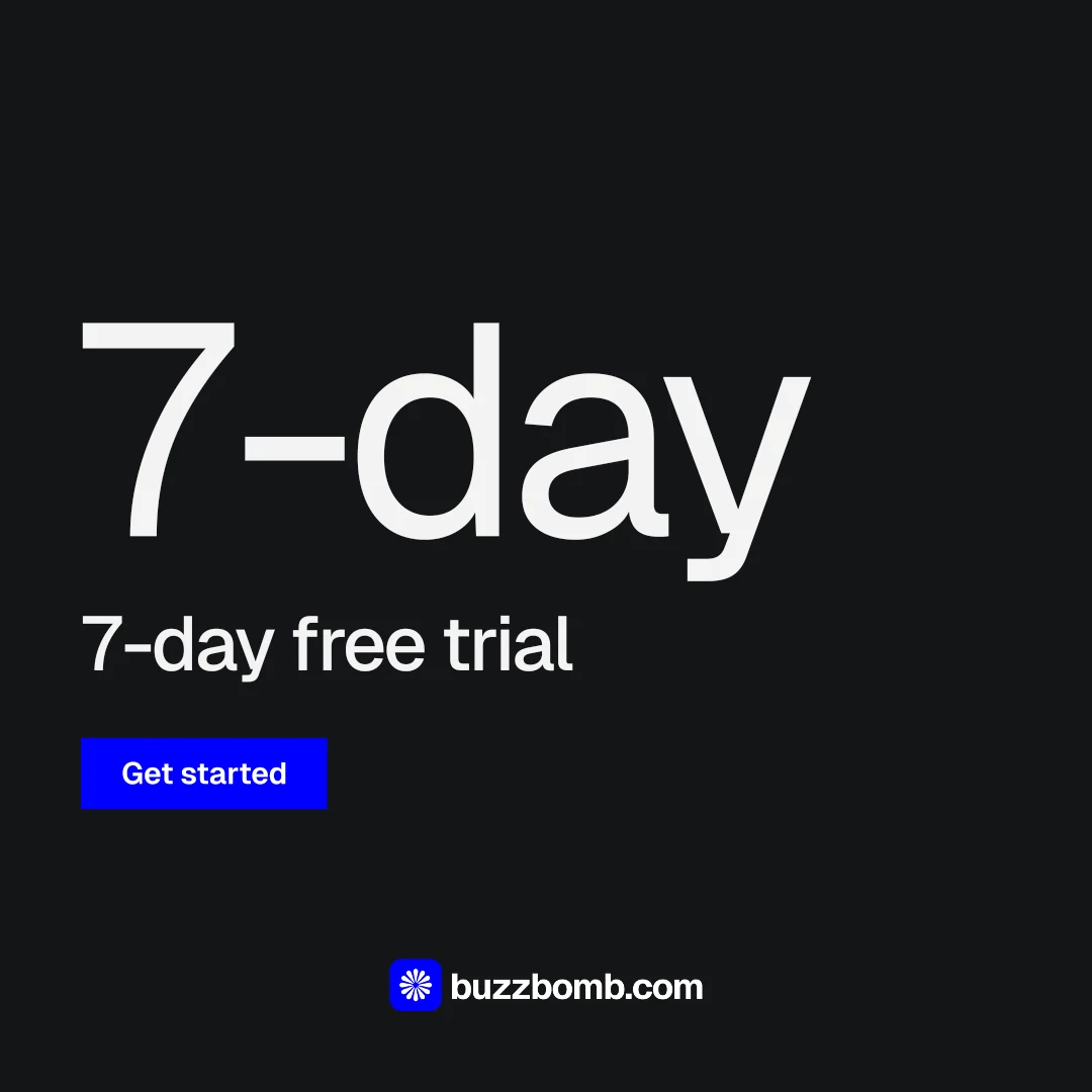 Instagram post for BuzzBomb: "Paste your URL." Swiss style, stat layout, dark palette in black, grey.