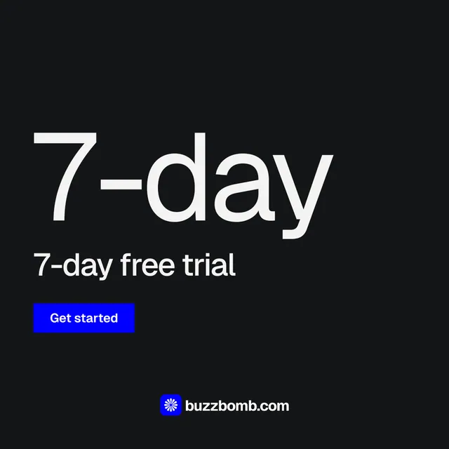 Instagram post for BuzzBomb: "Paste your URL." Swiss style, stat layout, dark palette in black, grey.