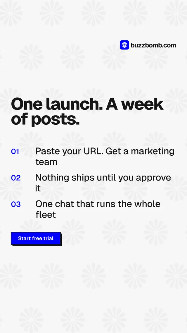 Instagram story for BuzzBomb: "One launch. A week of posts." Brutalist style, numbered layout, light palette in white, grey.