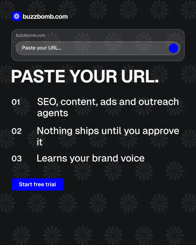 Instagram portrait post for BuzzBomb: "Paste your URL." Brutalist style, numbered layout, dark palette in black, grey.