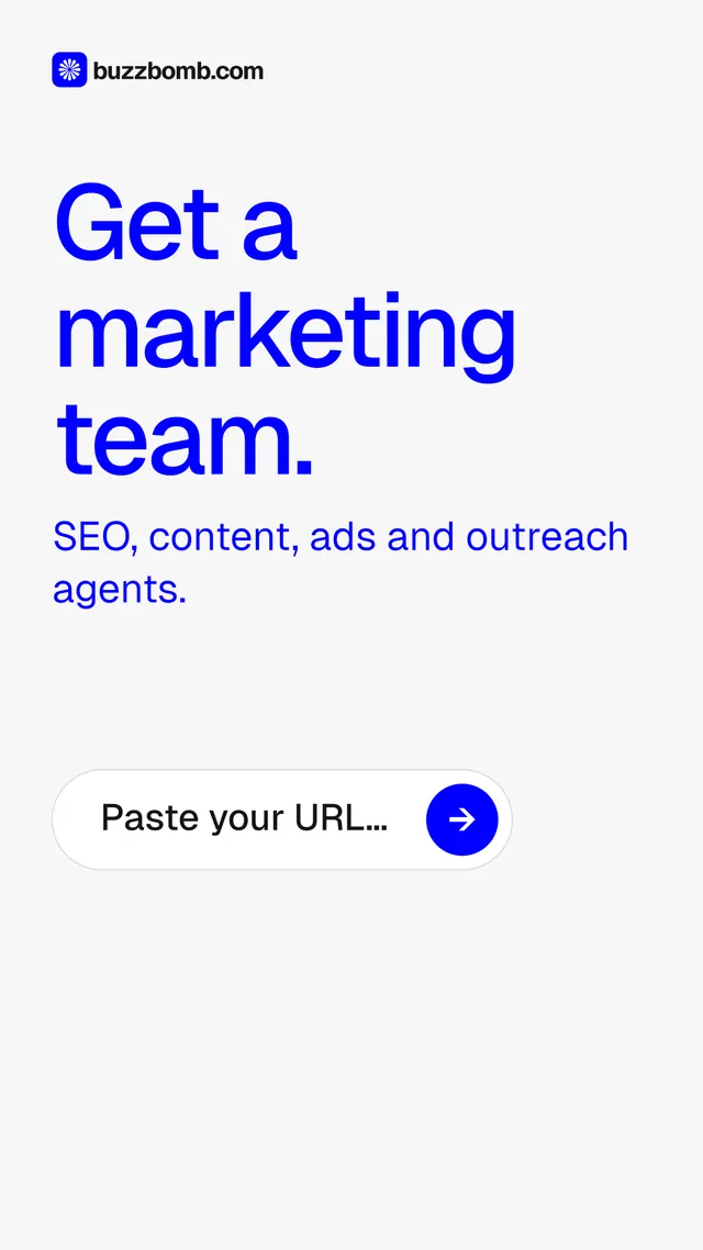 Instagram story for BuzzBomb: "Get a marketing team." Agentic glass style, skeleton layout, light palette in white, blue.